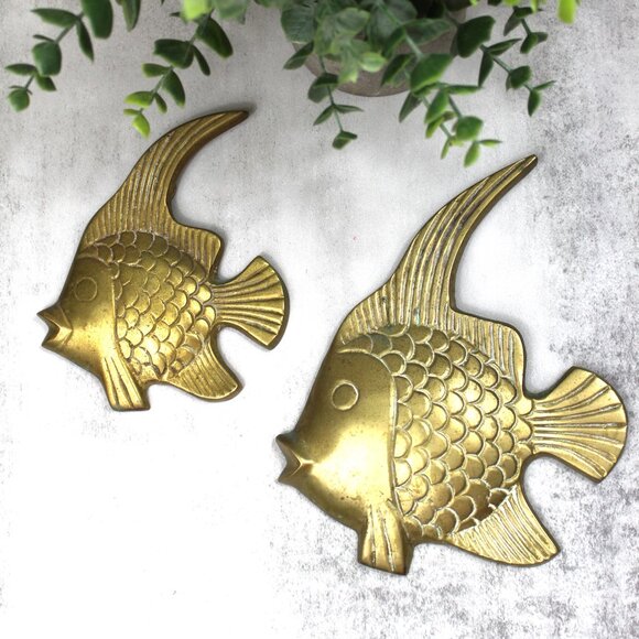 Vintage Brass Fish Wall Decor Pair – Made in India Mid Century Boho Coastal Wall - Picture 1 of 11